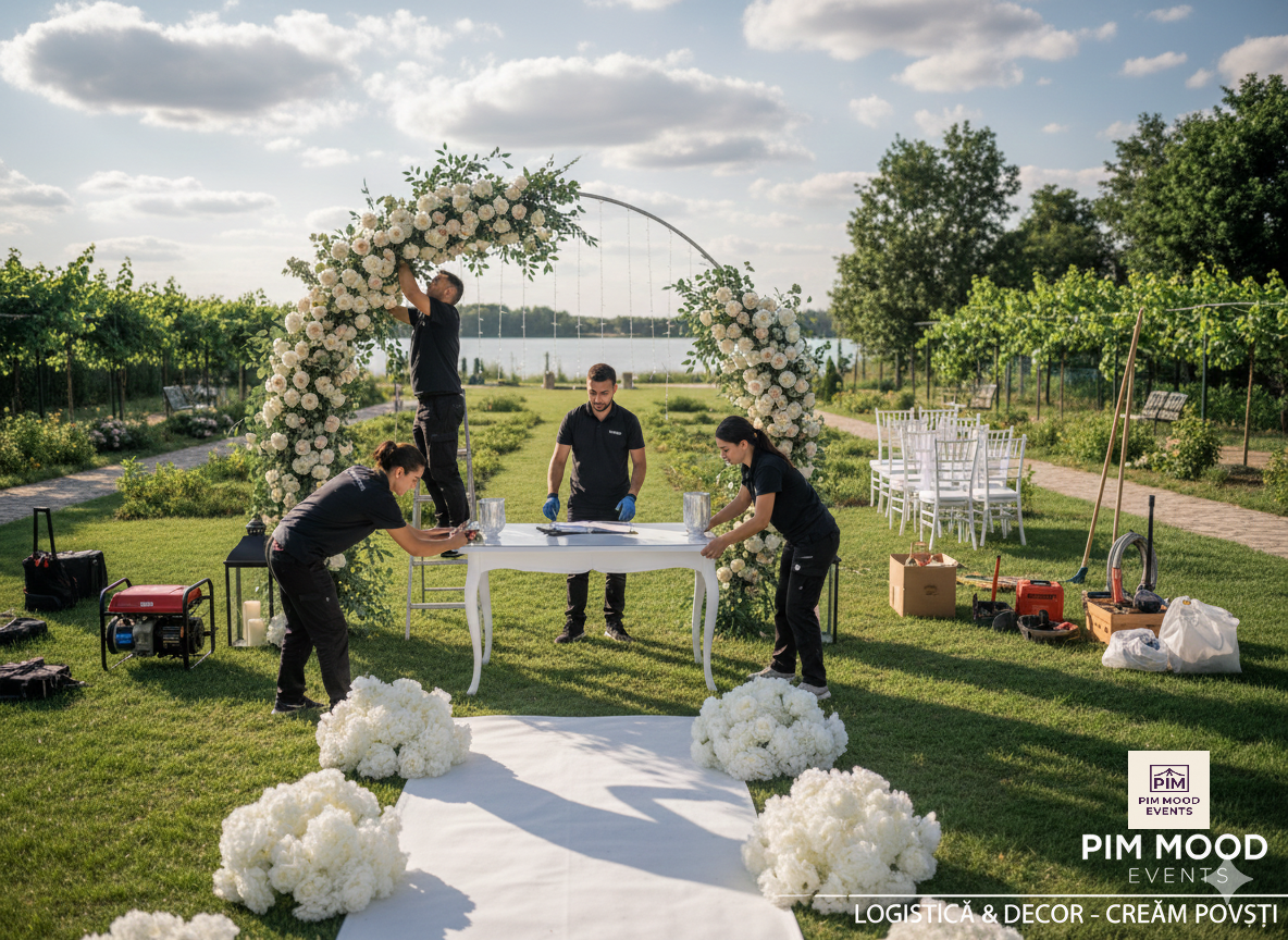 Echipa PIM MOOD Events în timpul montajului pentru decor nuntă în aer liber: arcadă florală monumentală, masă cununie albă și logistică evenimente premium